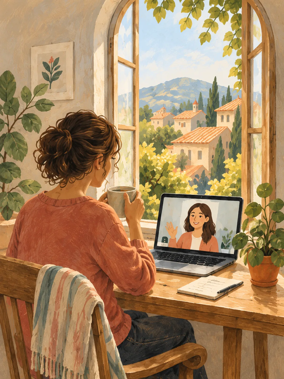 Illustration d’une personne échangeant en visioconférence depuis chez elle, près d’une fenêtre ouverte.